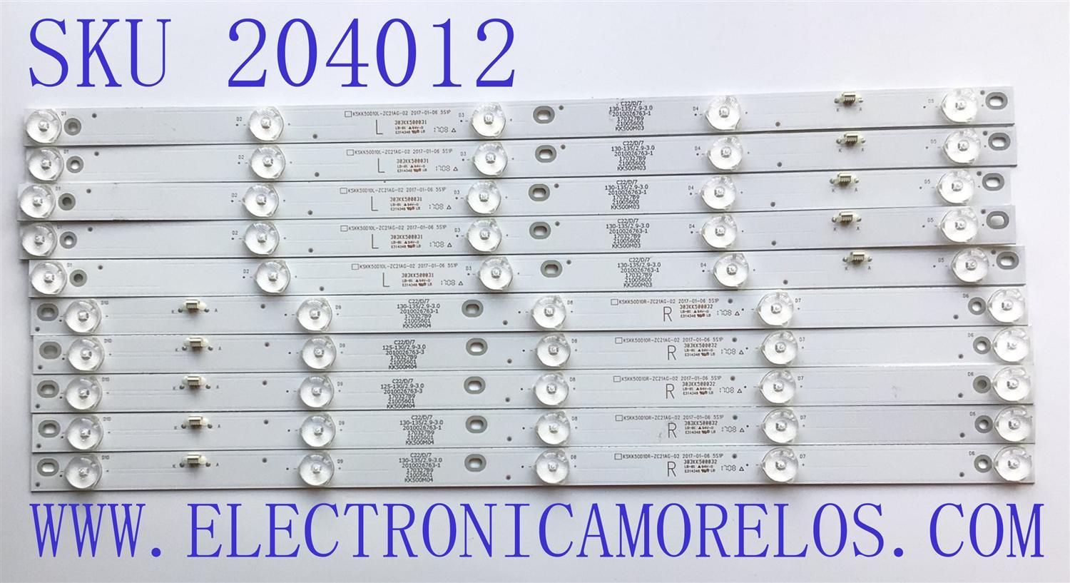KIT DE LED'S PARA TV ELEMENT (10 PIEZAS) / NUMERO DE PARTE KSKK50D10L-ZC21AG-02 / KSKK50D10R-ZC21AG-02 / 303KK500031 / 303KK500032 / 170327B9 / KK500M03 / KK500M04 / 2010026763-1 / PANEL MD5002YTIF / DISPLAY V500DJ5-QS1 REV.R2 / MODELO ELST5016S